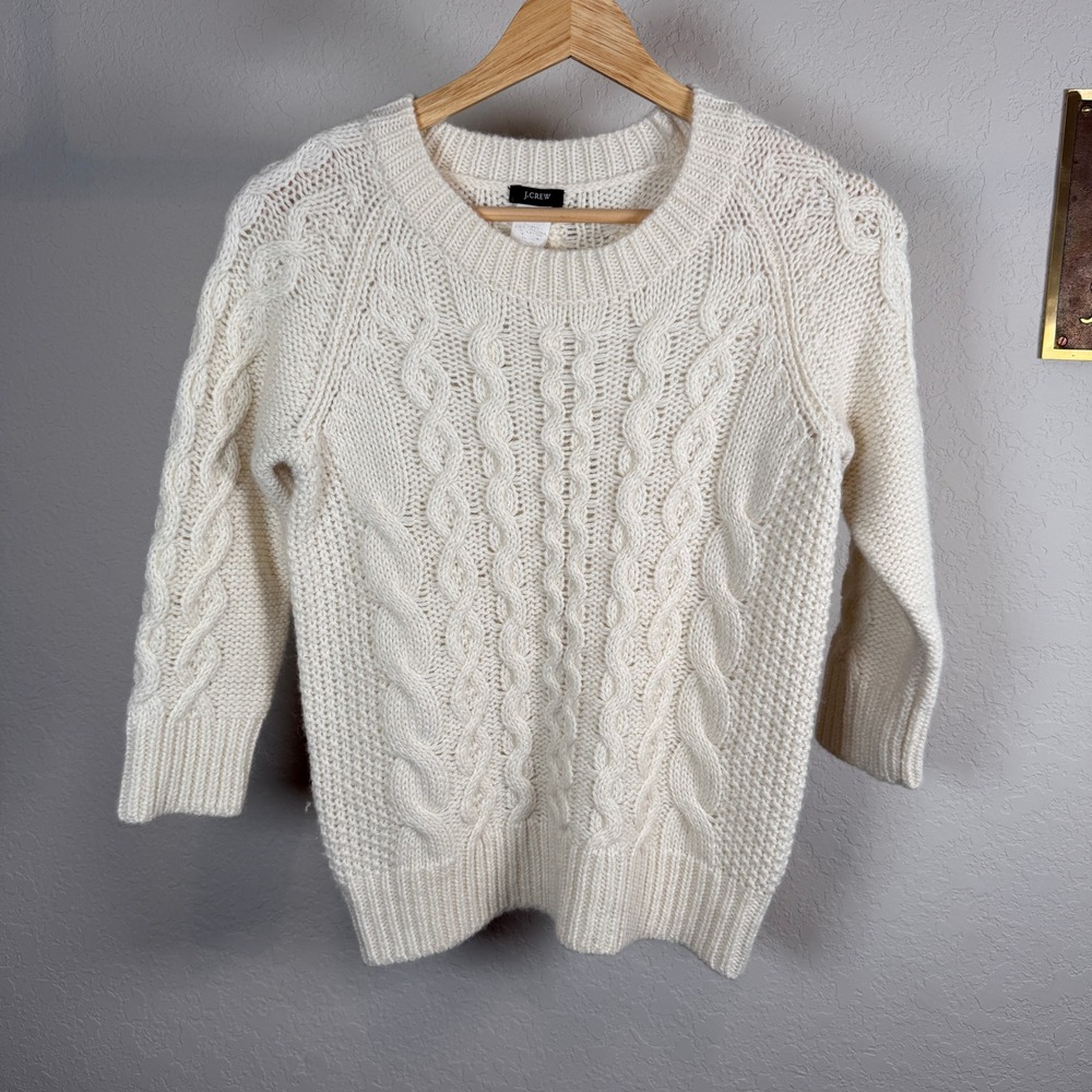 J Crew Cream Cable Knit Sweater 3/4 Sleeve Crew Neck Women's‎